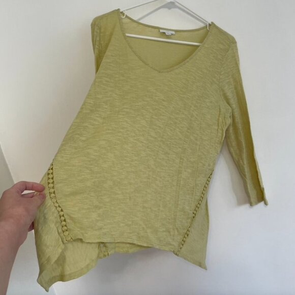 J. JILL Linen Blend Top Chartreuse Green V-Neck 3/4 Sleeve Crochet Asymmetrical - Picture 7 of 12